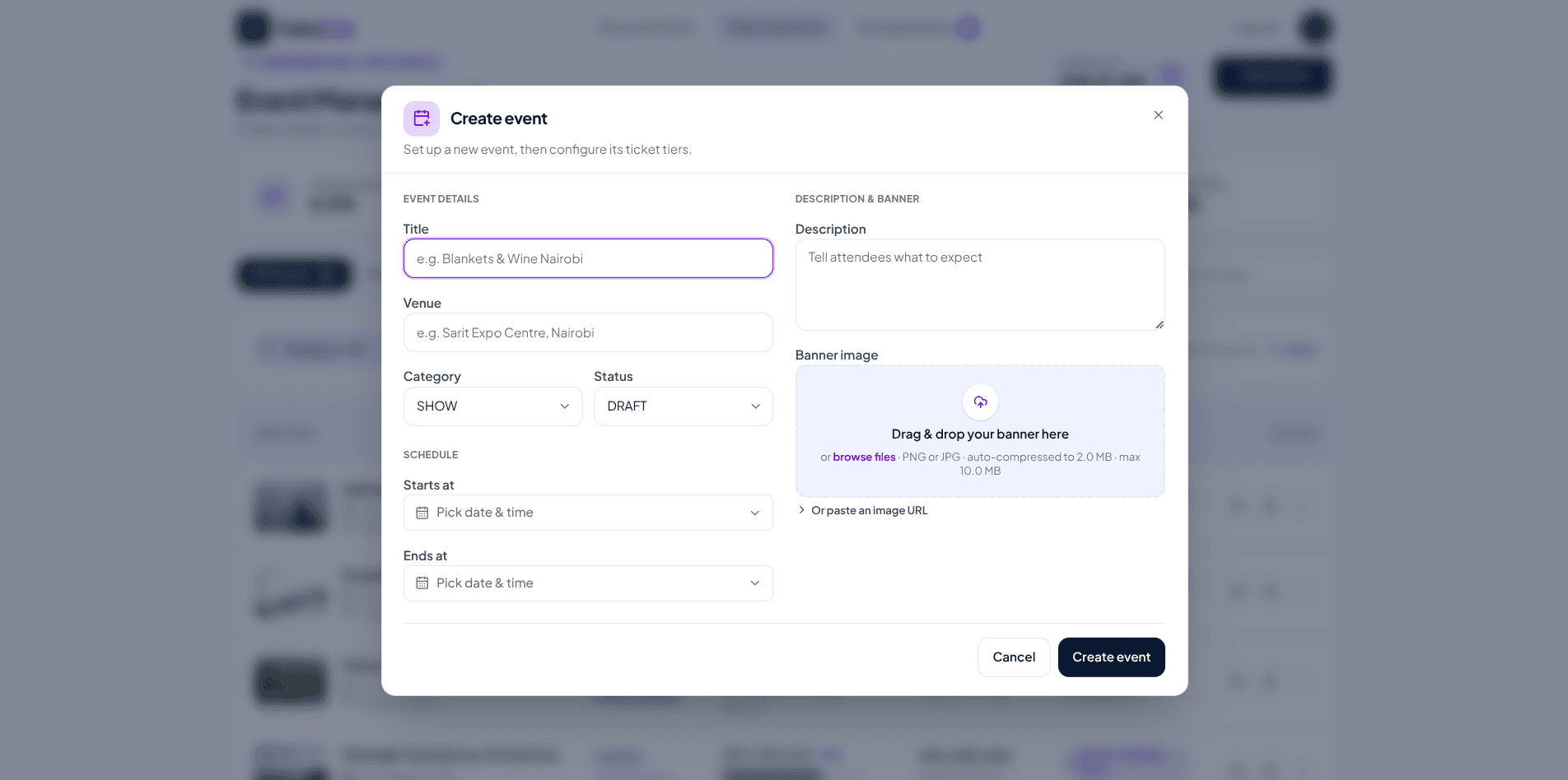 Create-event modal with banner upload