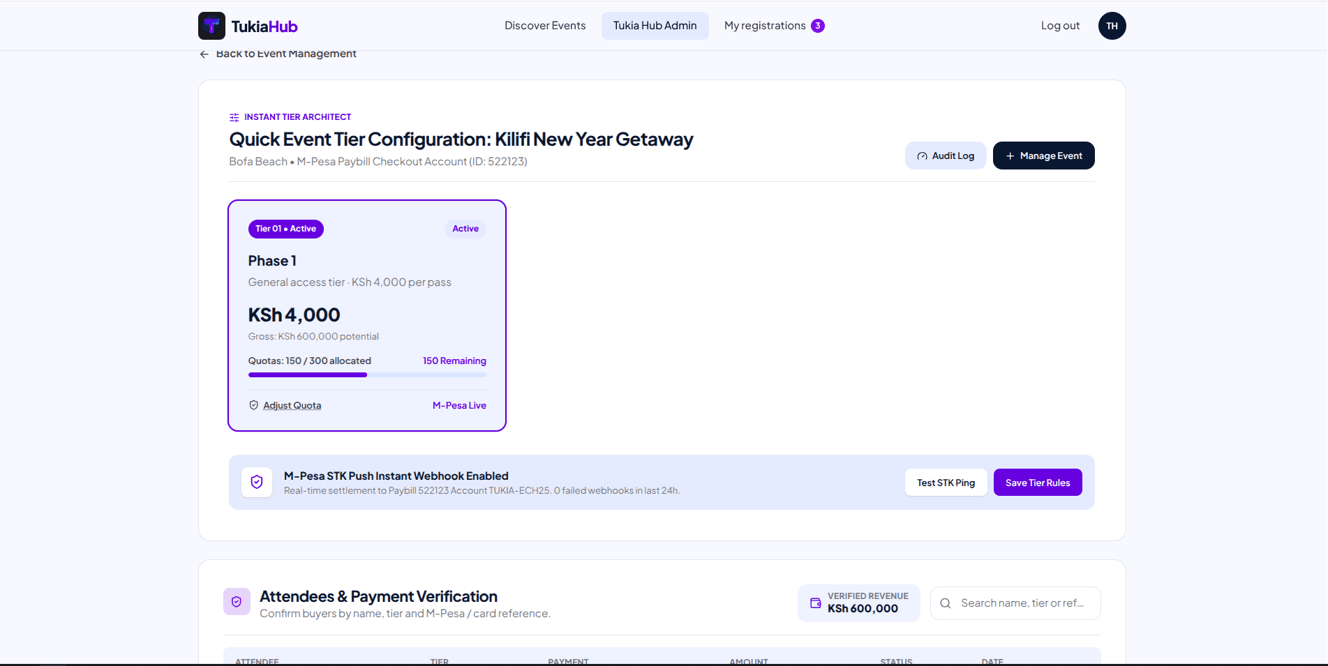Tier configuration and attendee payment verification