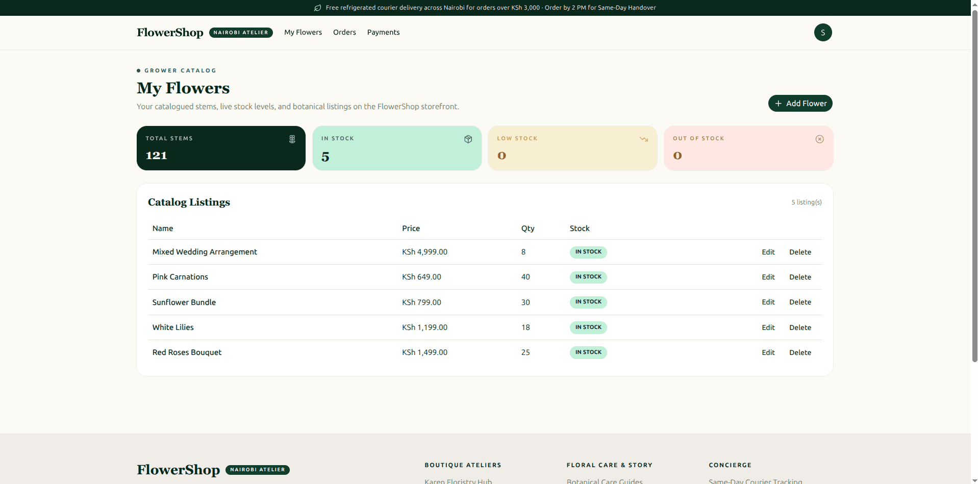 Farmer catalog with live stock levels